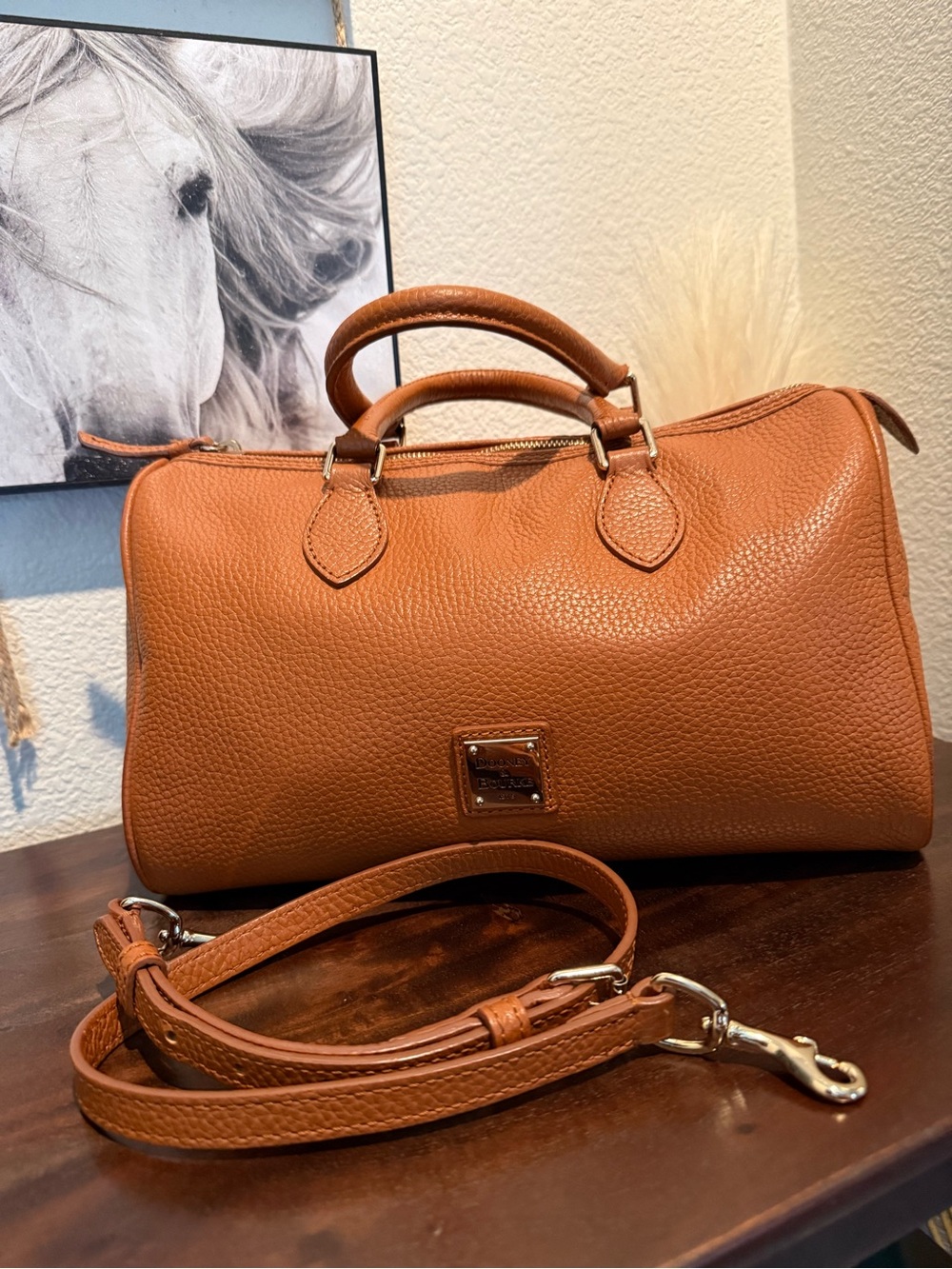 Dooney & Bourke Tan Pebbled Leather Satchel with Detachable Strap